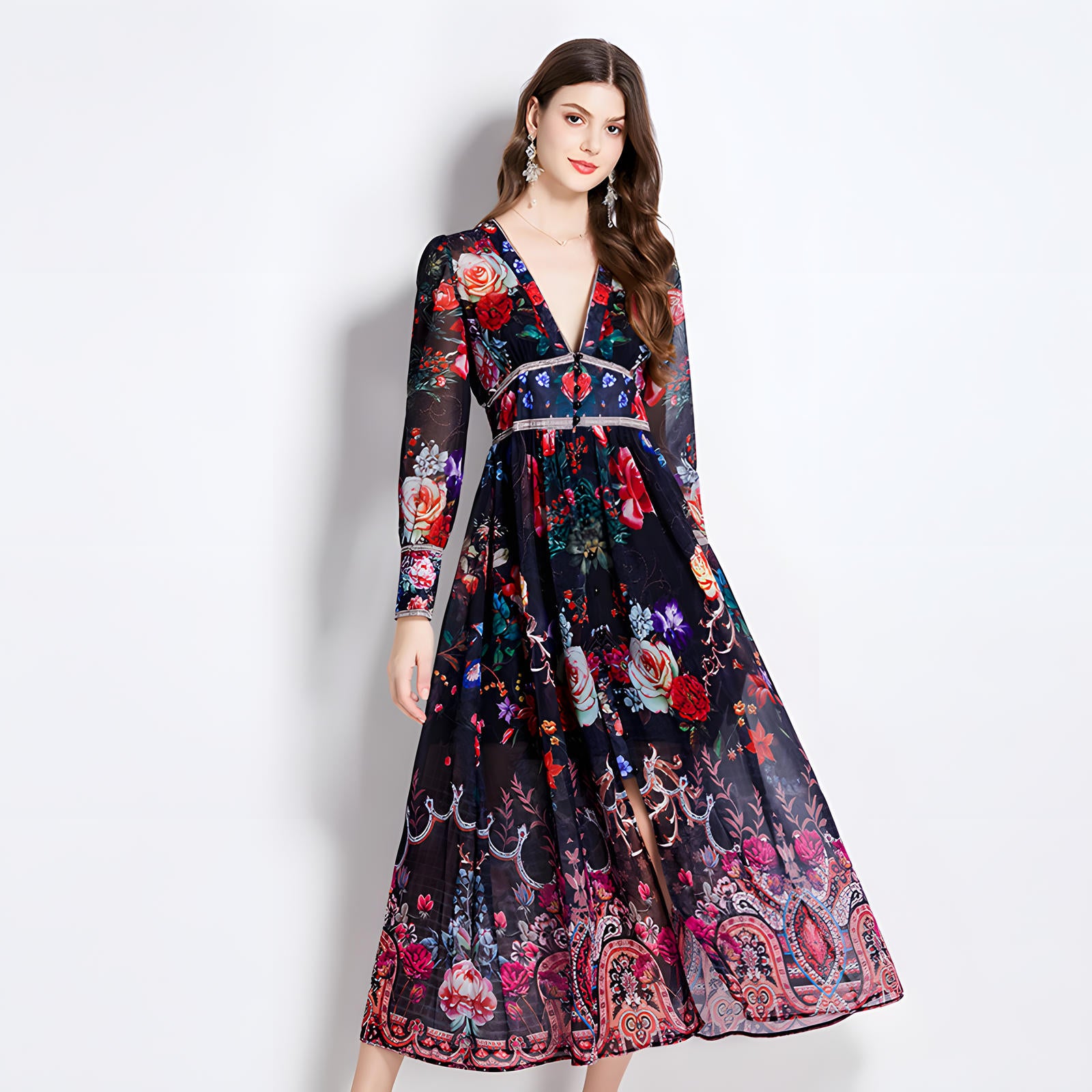 Printed Chiffon Plunging V - Neckline Elasticated Waist Front Split Long Dress - NRJ-720#2497 (EOSS)