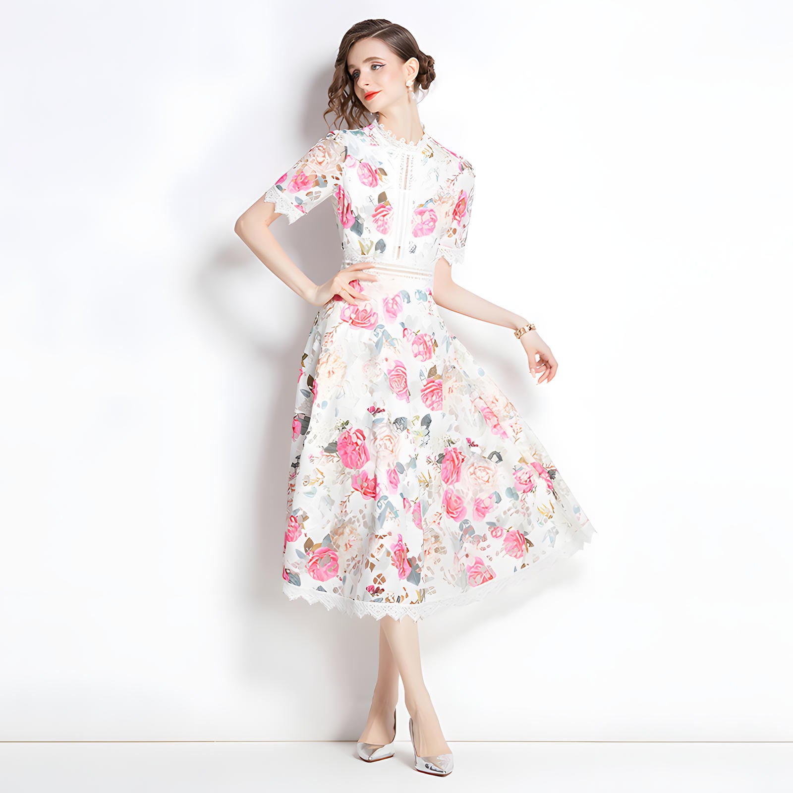 French Printed Flower Lace Jewel Neckline Retro Dress - 795039331524_BAS