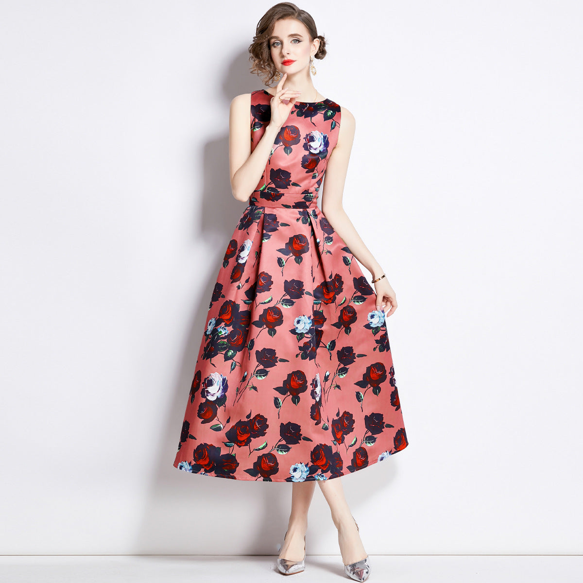 Sleeveless Boat Neck Fitted Vest Box Pleated Skirt Printed Satin Dress - 897#701