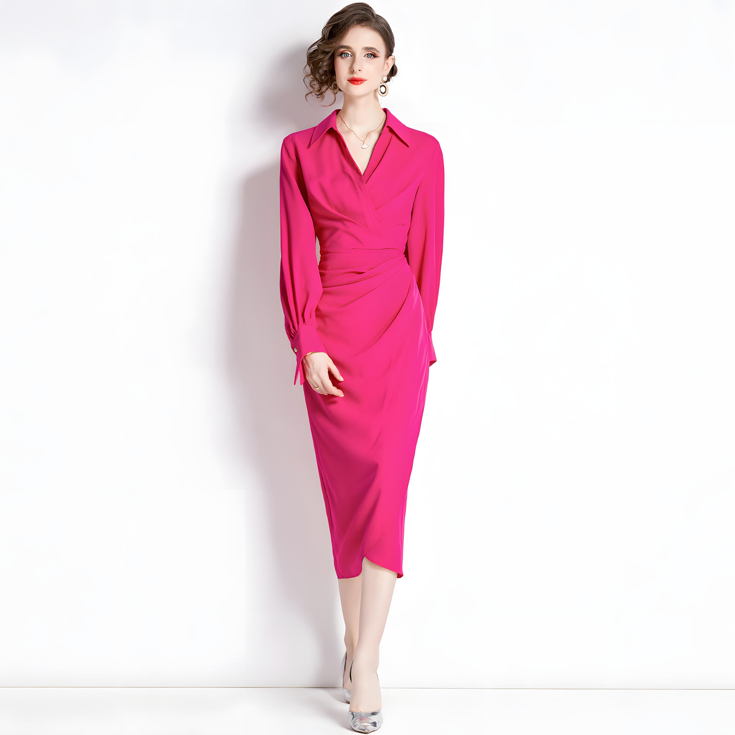 Full Sleeve Broad Cuffs Lapel Shirt Body-fit Dress - 755116865259_ROS