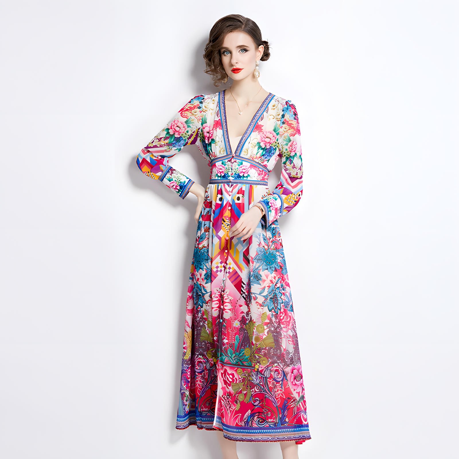 Printed Chiffon Plunging V - Neckline Elasticated Waist Front Split Long Dress - NRJ-720#2495