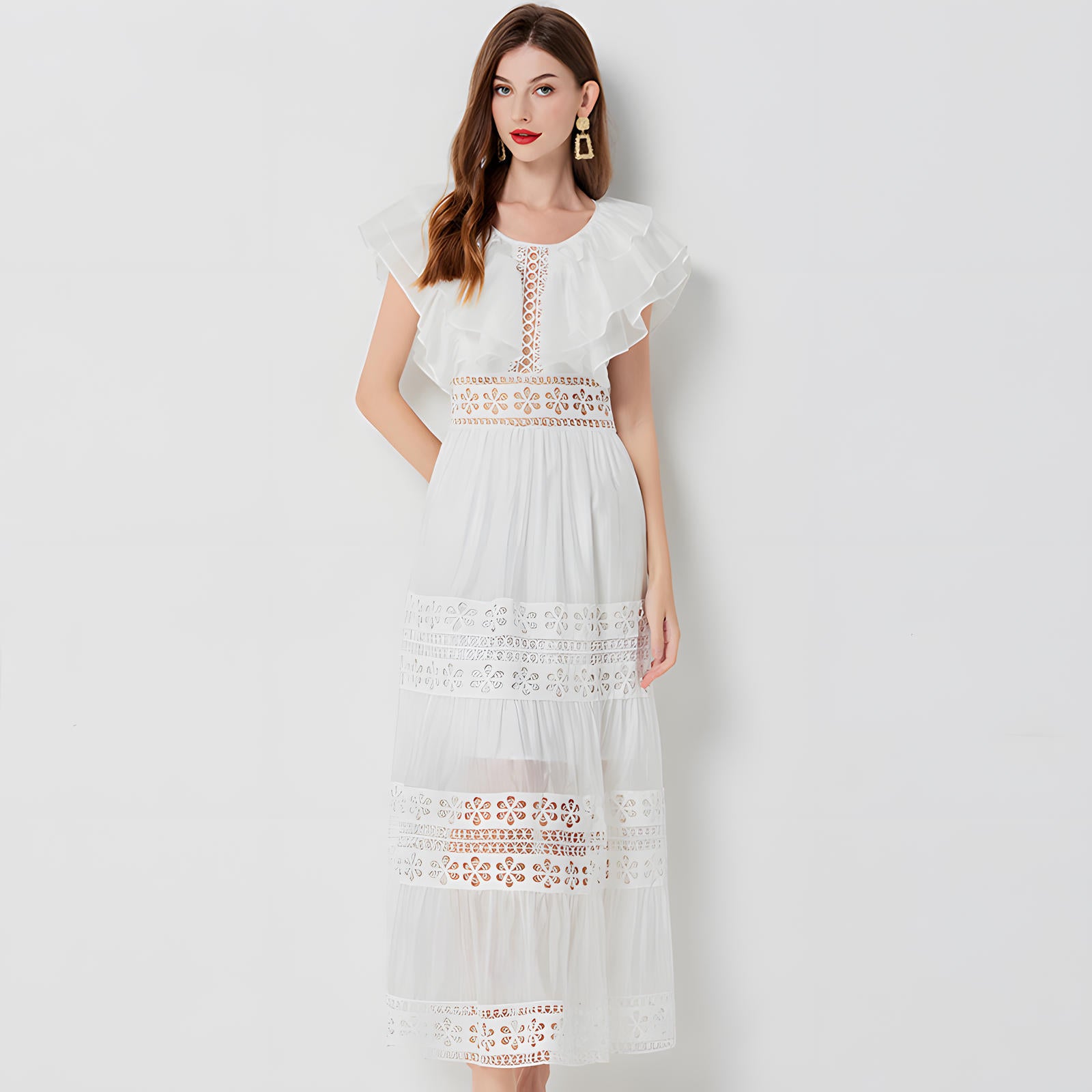 Summer Seaside Vacation French Lace White Long Dress - 812508106214_BAS