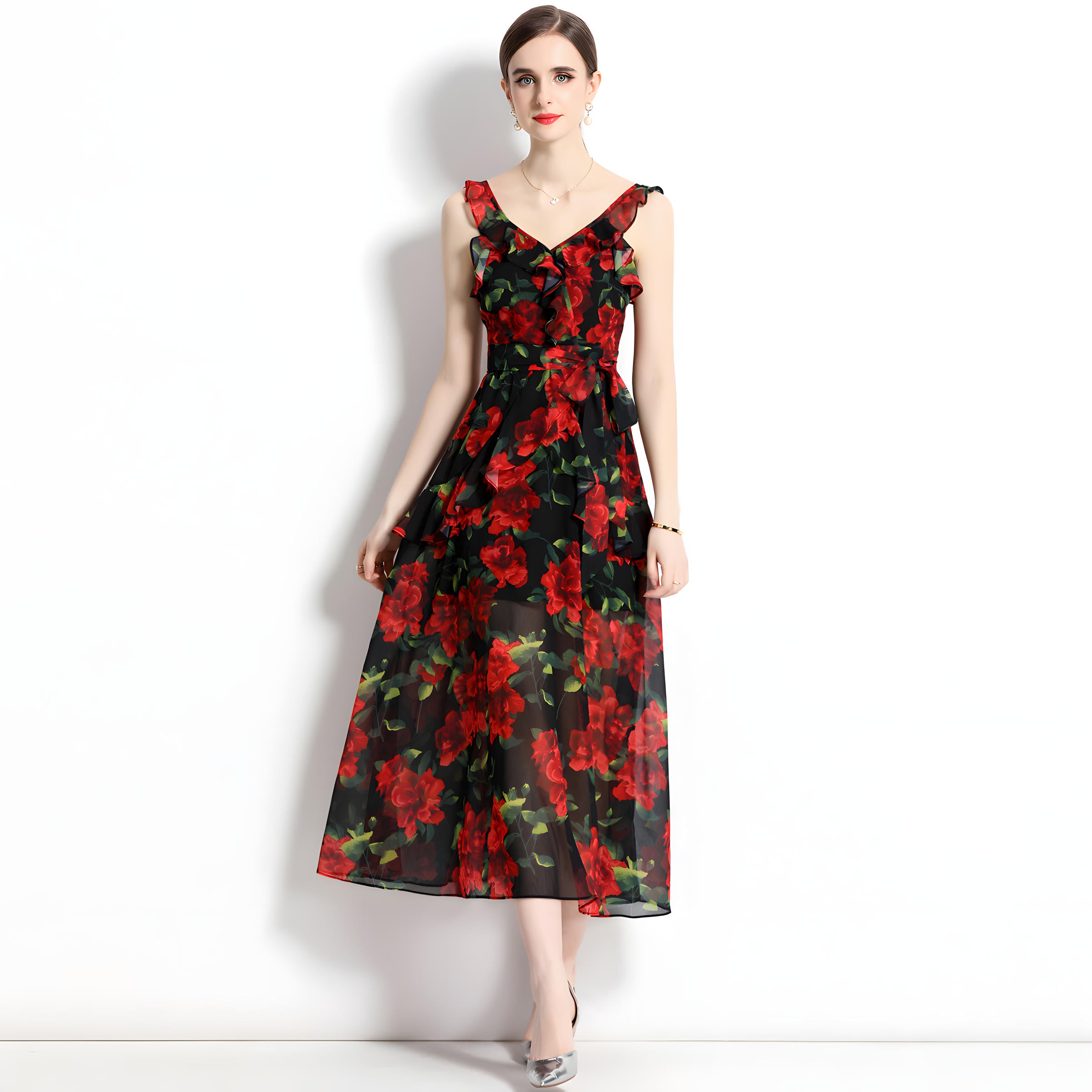Printed Chiffon Floral Long Skirt Beach Vacation Suspender Dress With Wrap Up Belt - 715132626392_BAS