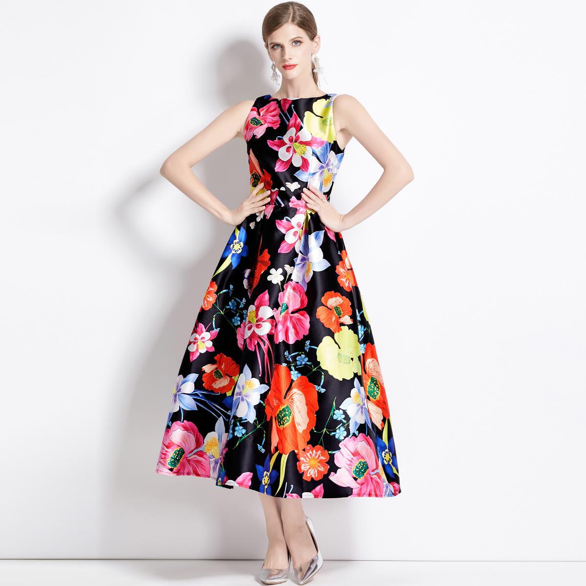 Sleeveless Boat Neck Fitted Vest Box Pleated Skirt Printed Satin Dress - 9084#701