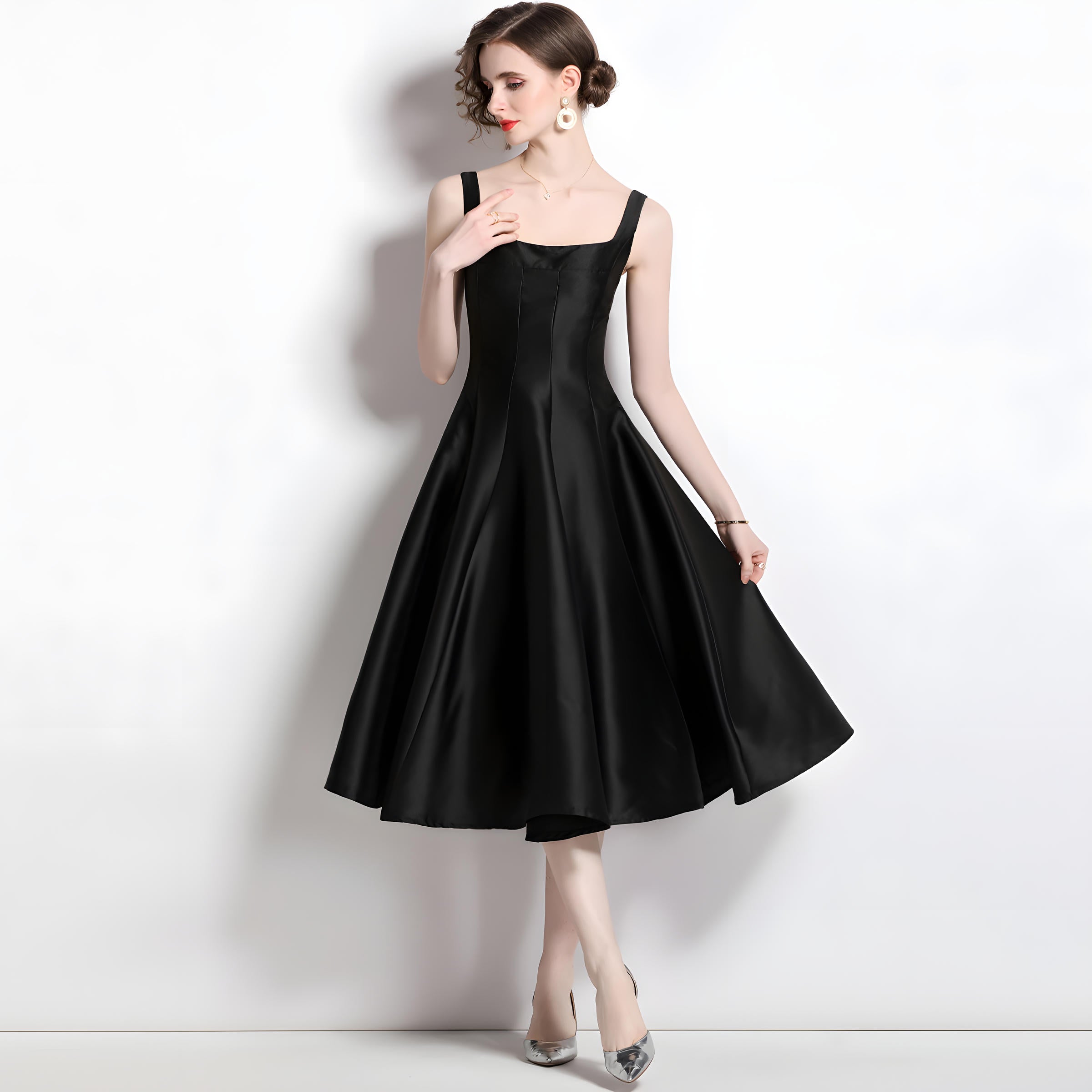 Retro Style Hepburn Skirt Fitted Vest Suspender Black Satin Dress - 709216290151_BAS (EOSS)