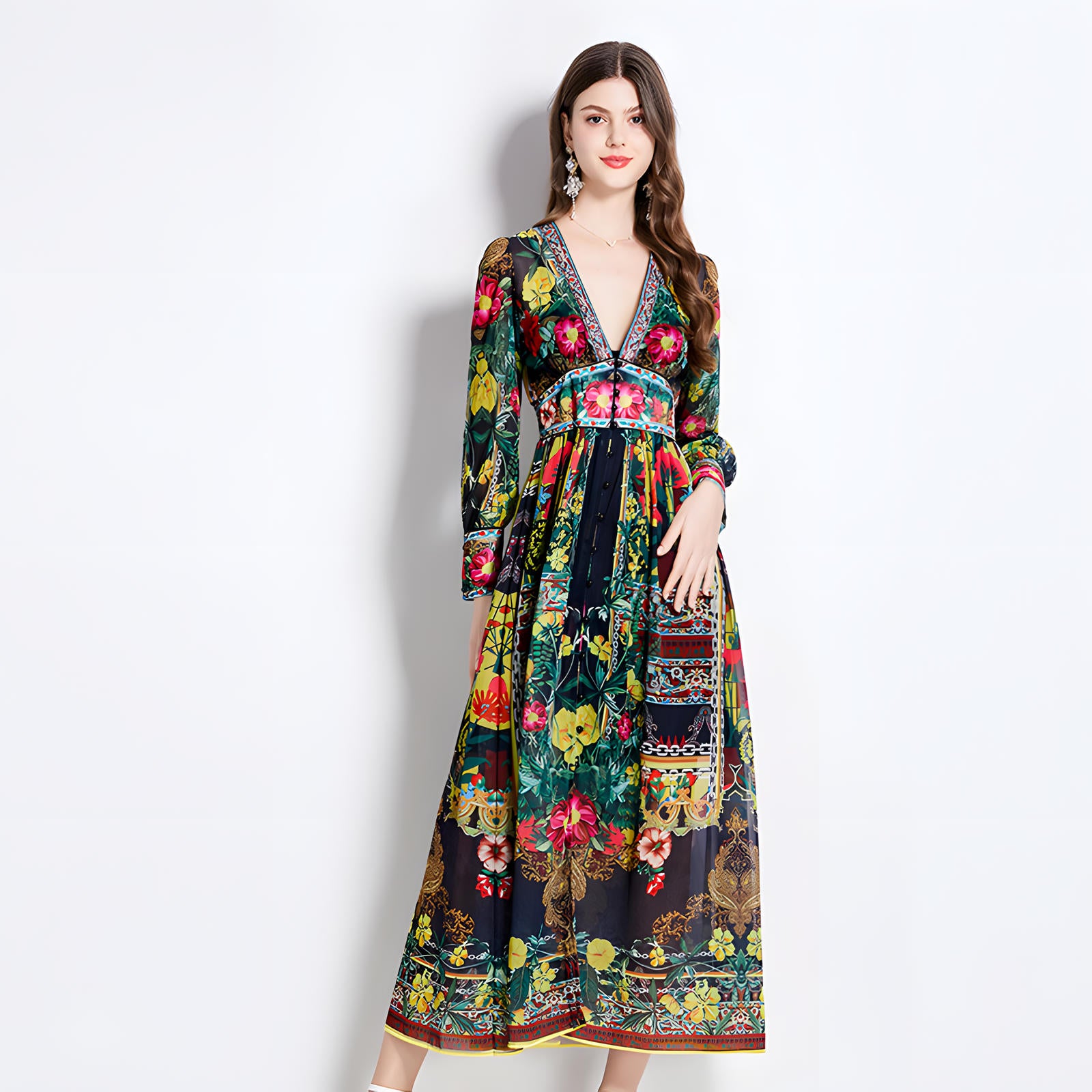 Printed Chiffon Plunging V - Neckline Elasticated Waist Front Split Long Dress - NRJ-720#2496