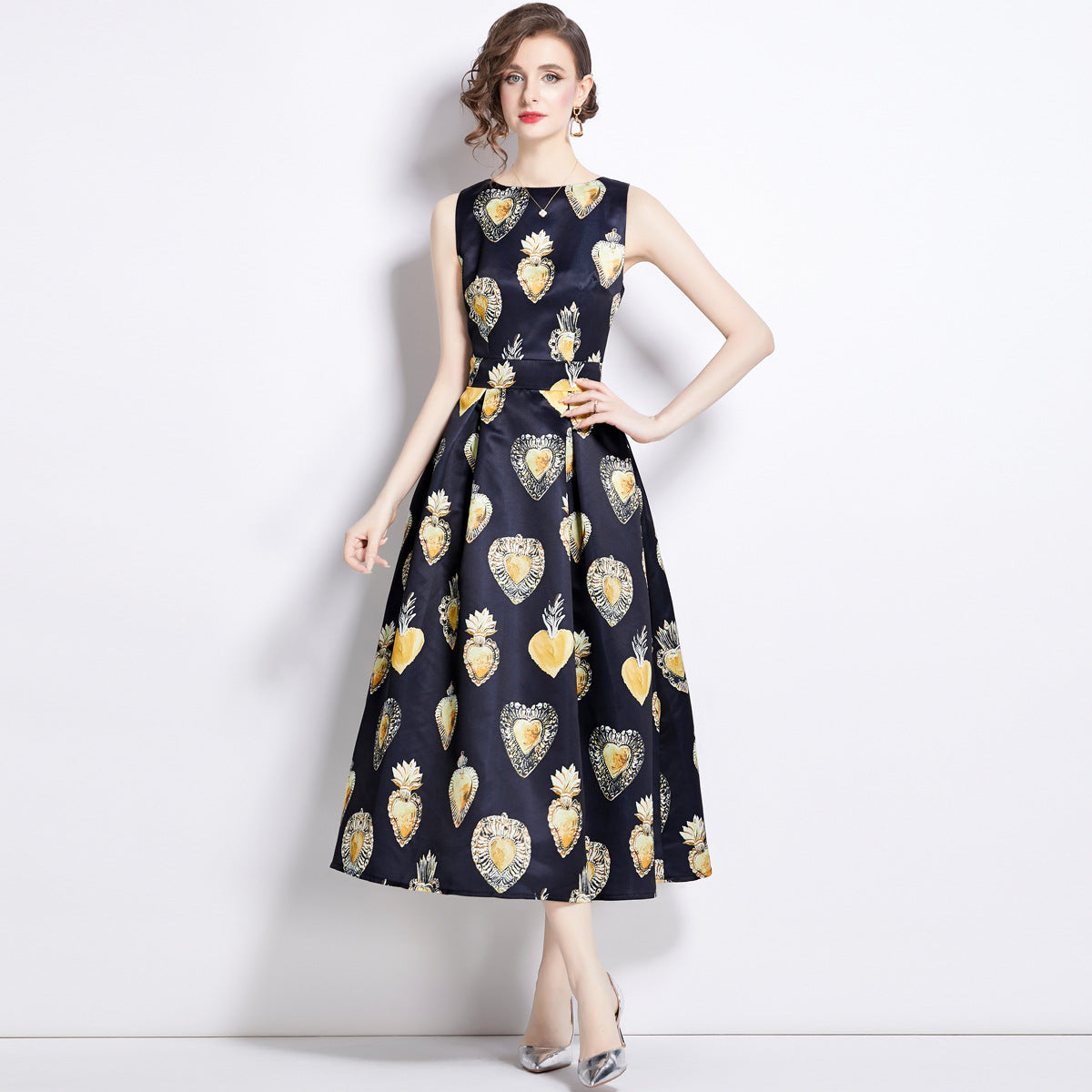 Sleeveless Boat Neck Fitted Vest Box Pleated Skirt Printed Satin Dress - NRJ -701-B#6650