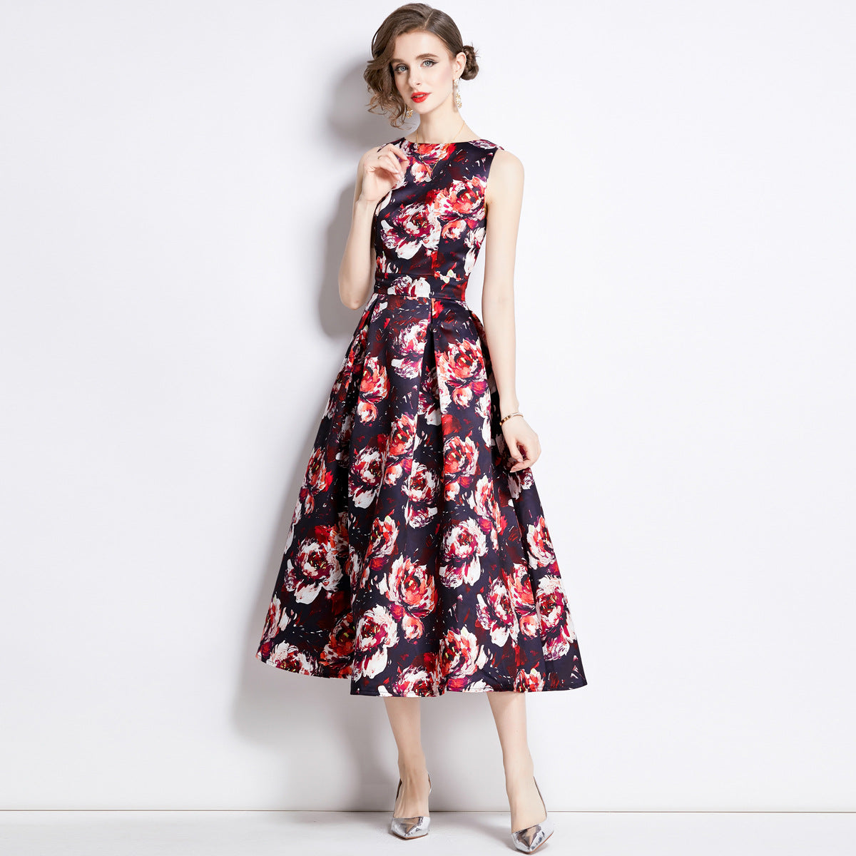 Sleeveless Boat Neck Fitted Vest Box Pleated Skirt Printed Satin Dress - 898#701