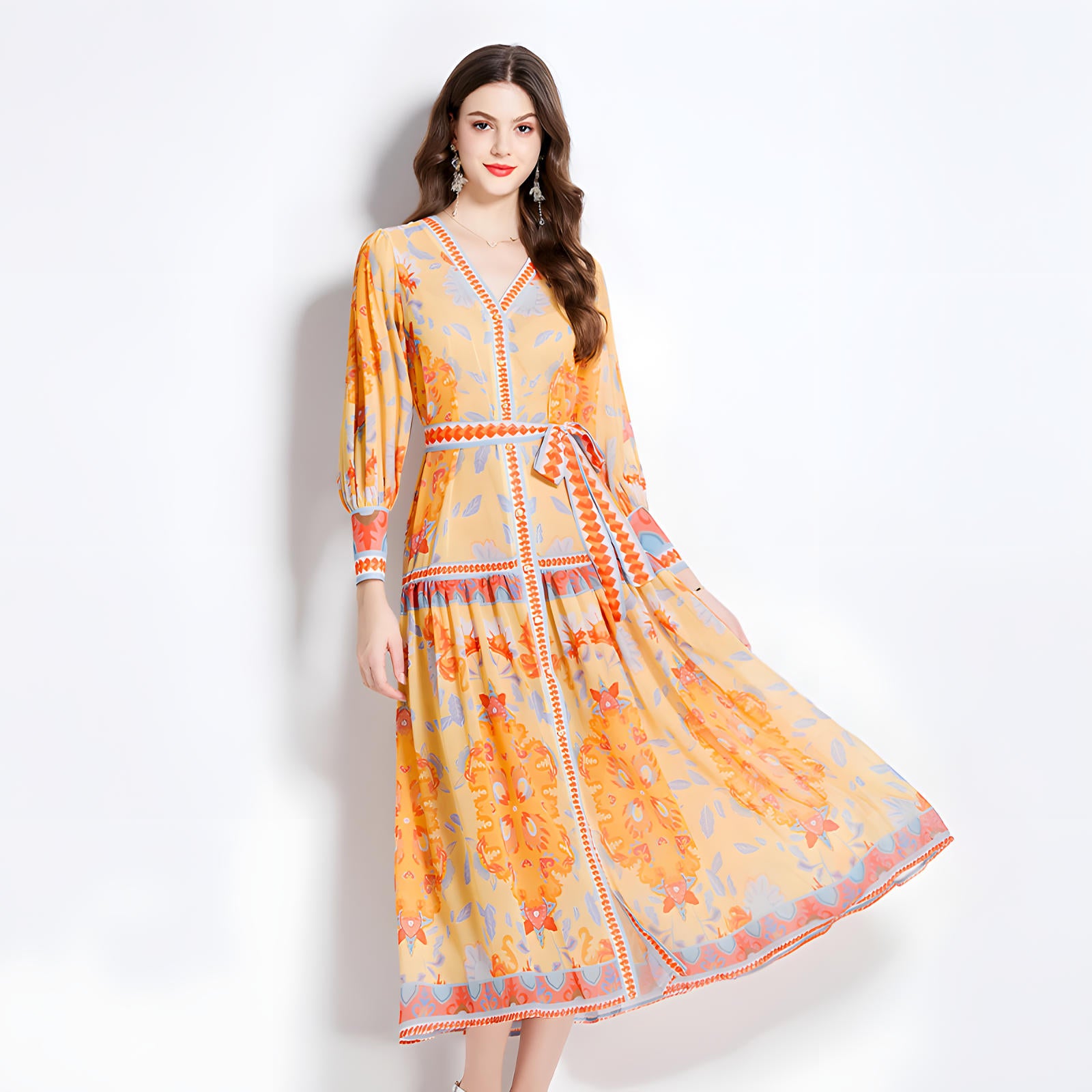 Printed Chiffon Plunging V - Neckline Front Split Long Dress With Waist Band - NRJ-720#2491