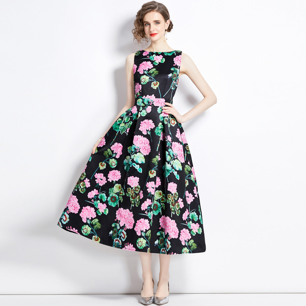Sleeveless Boat Neck Fitted Vest Box Pleated Skirt Printed Satin Dress - 9055#701_BAS