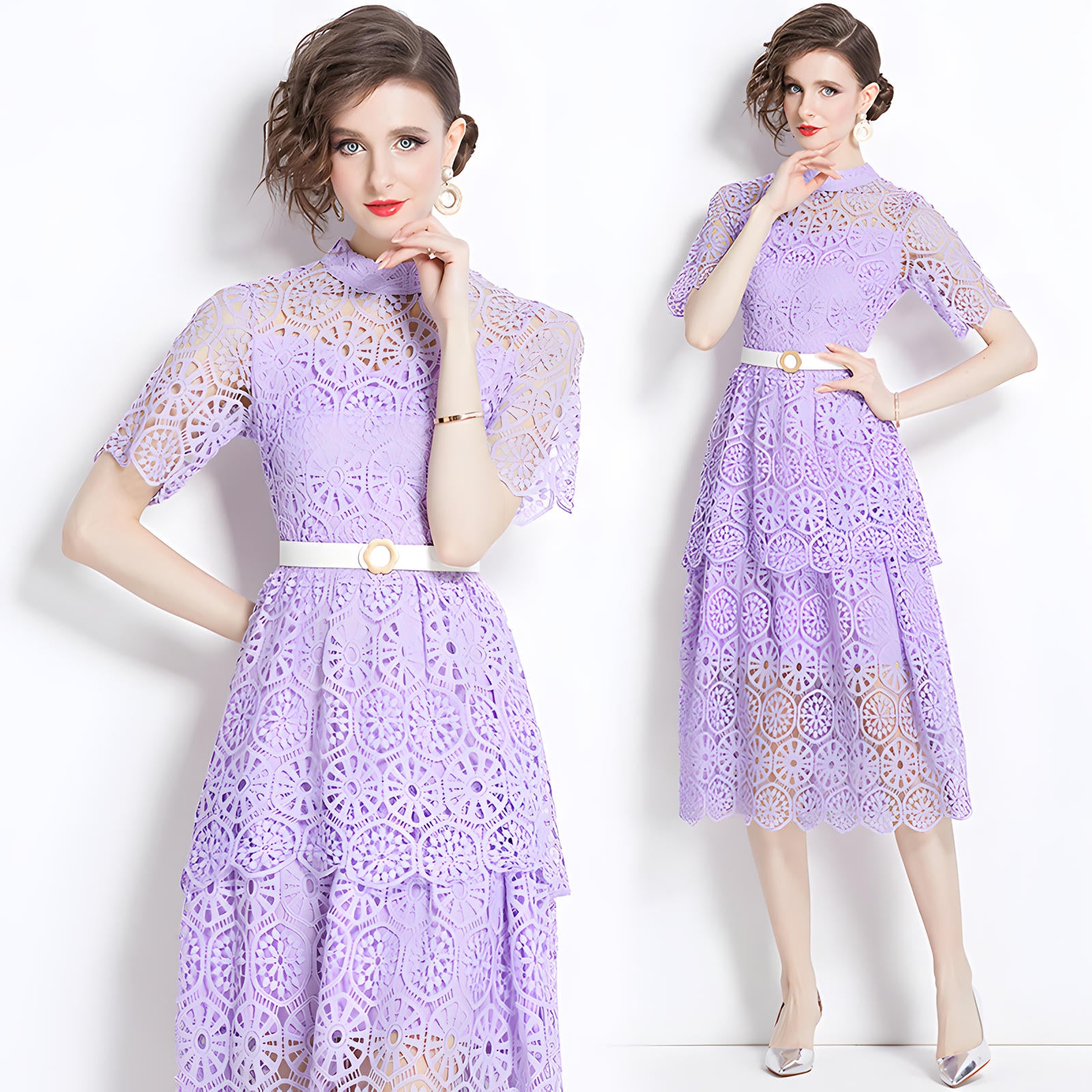 Luxury Multilayer French Lace High Neck Lavender Dress With Belt - 510#609_PUR