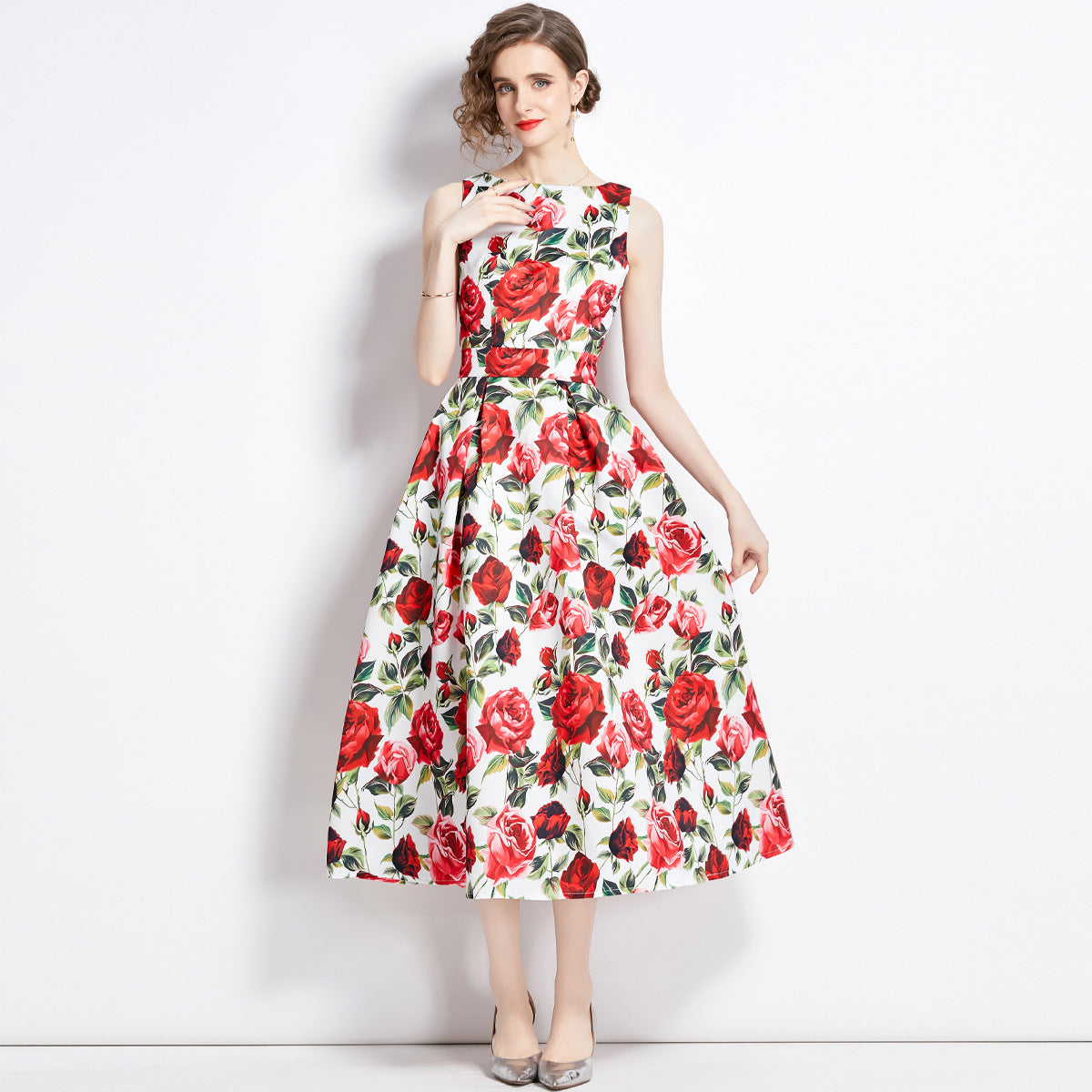 Sleeveless Boat Neck Fitted Vest Box Pleated Skirt Printed Satin Dress - 9054#701_BAS