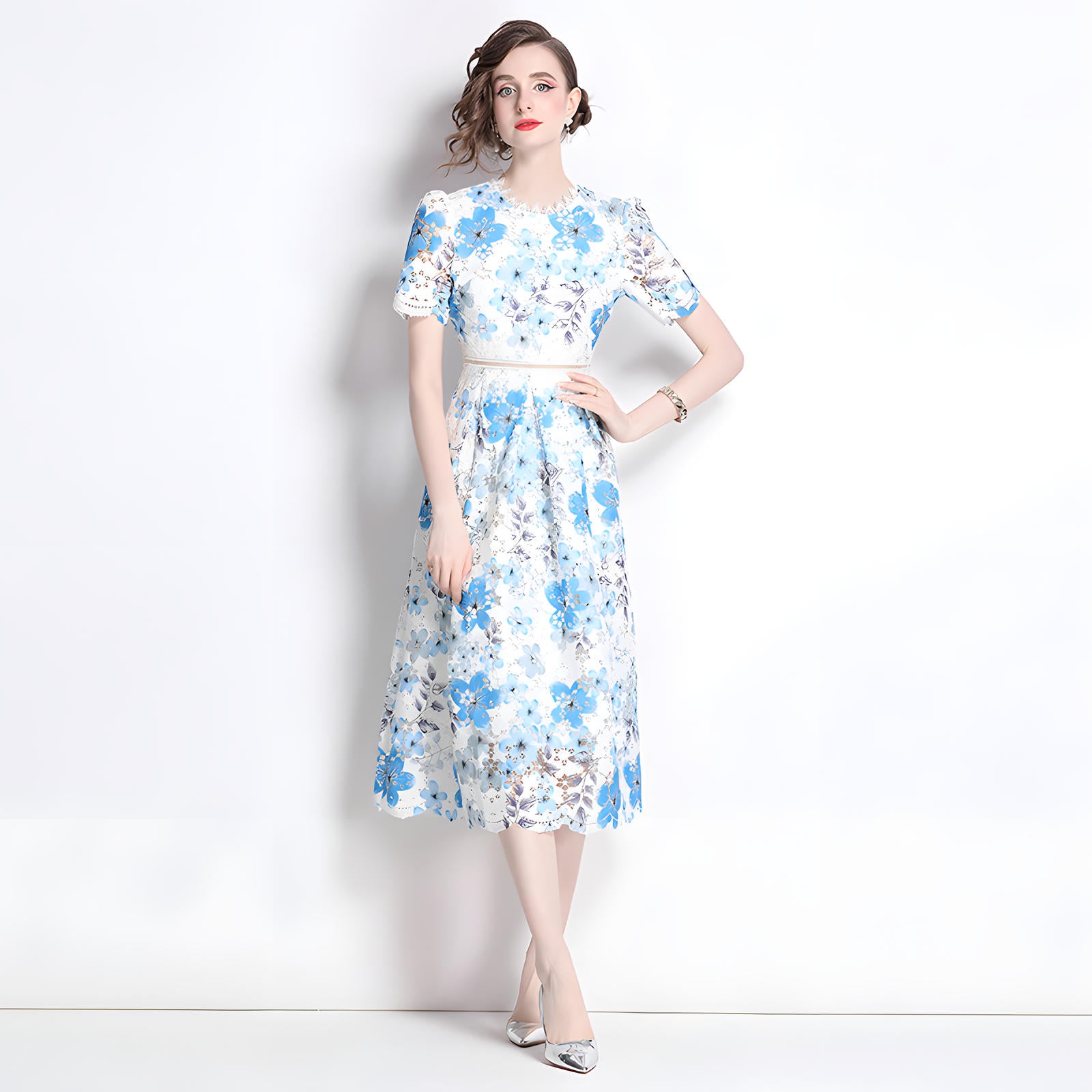 French Printed Flower Lace Jewel Neckline Retro Dress - 795245132736_BAS