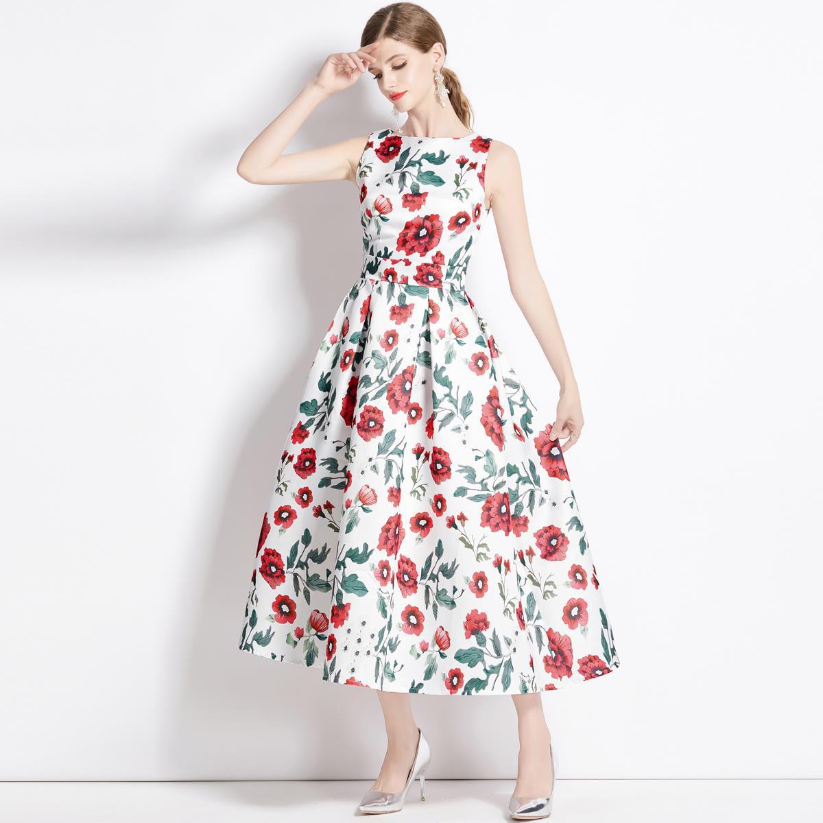 Sleeveless Boat Neck Fitted Vest Box Pleated Skirt Printed Satin Dress - 9086#701