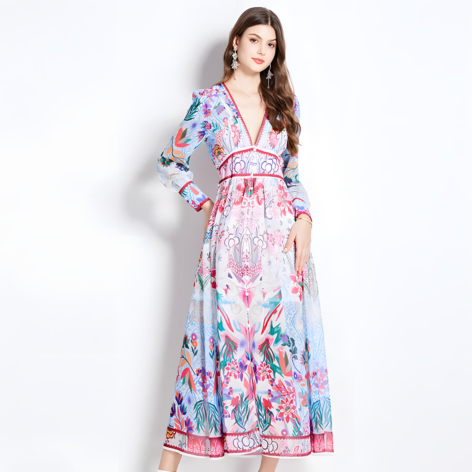 Printed Chiffon Plunging V - Neckline Elasticated Waist Front Split Long Dress - NRJ-720#2494