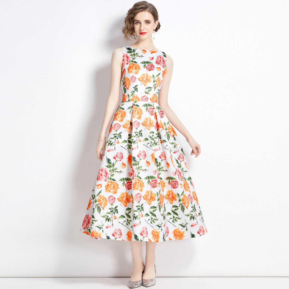 Sleeveless Boat Neck Fitted Vest Box Pleated Skirt Printed Satin Dress - 9053#701_BAS