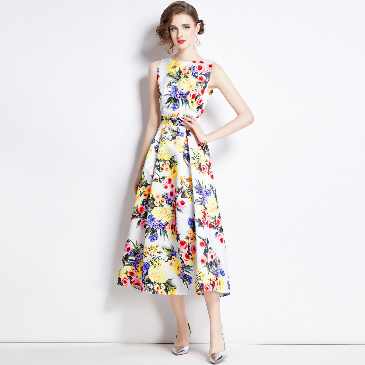 Sleeveless Boat Neck Fitted Vest Box Pleated Skirt Printed Satin Dress - 894#701