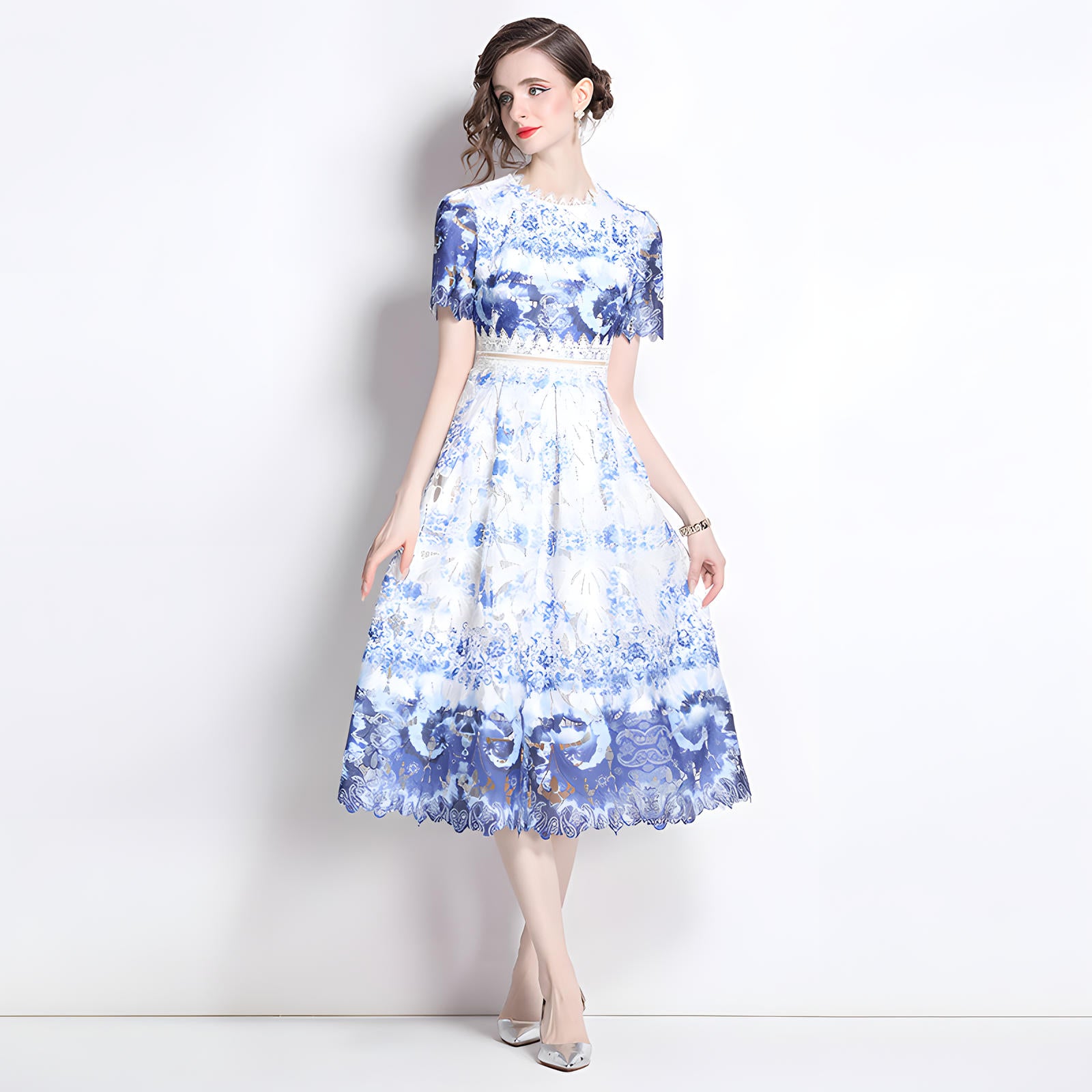 French Printed Flower Lace Jewel Neckline Retro Dress - 795242988743_BAS