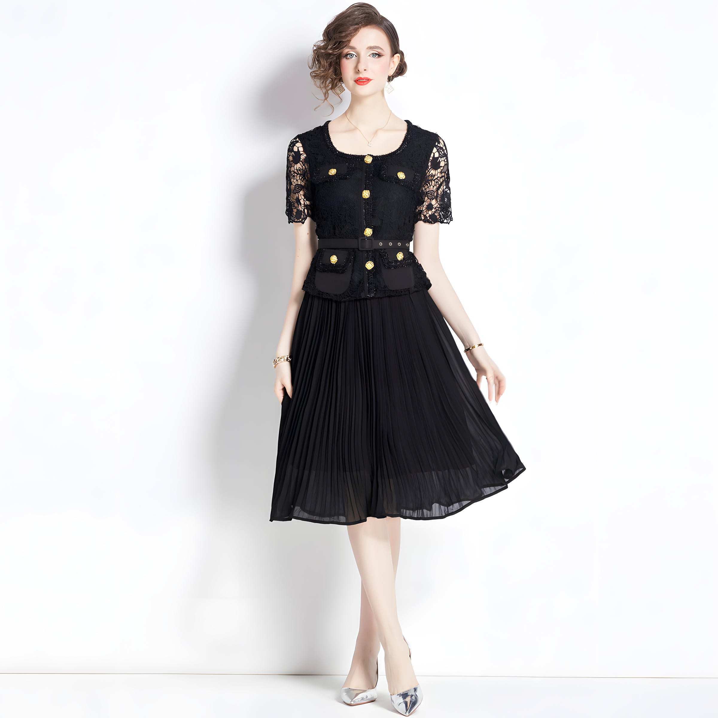 French Lace Jacket Top Pleated Skirt Black Dress With Belt - 781984834483_BAS