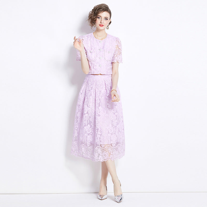 Embroidered French Lace Single Breasted Full Sleeve Blouse and Skirt Two Piece Set - 791558480609_BAS