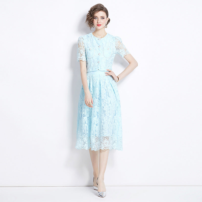 Embroidered French Lace Single Breasted Blouse and Skirt Two Piece Sky Blue Set - 791563752383_BAS