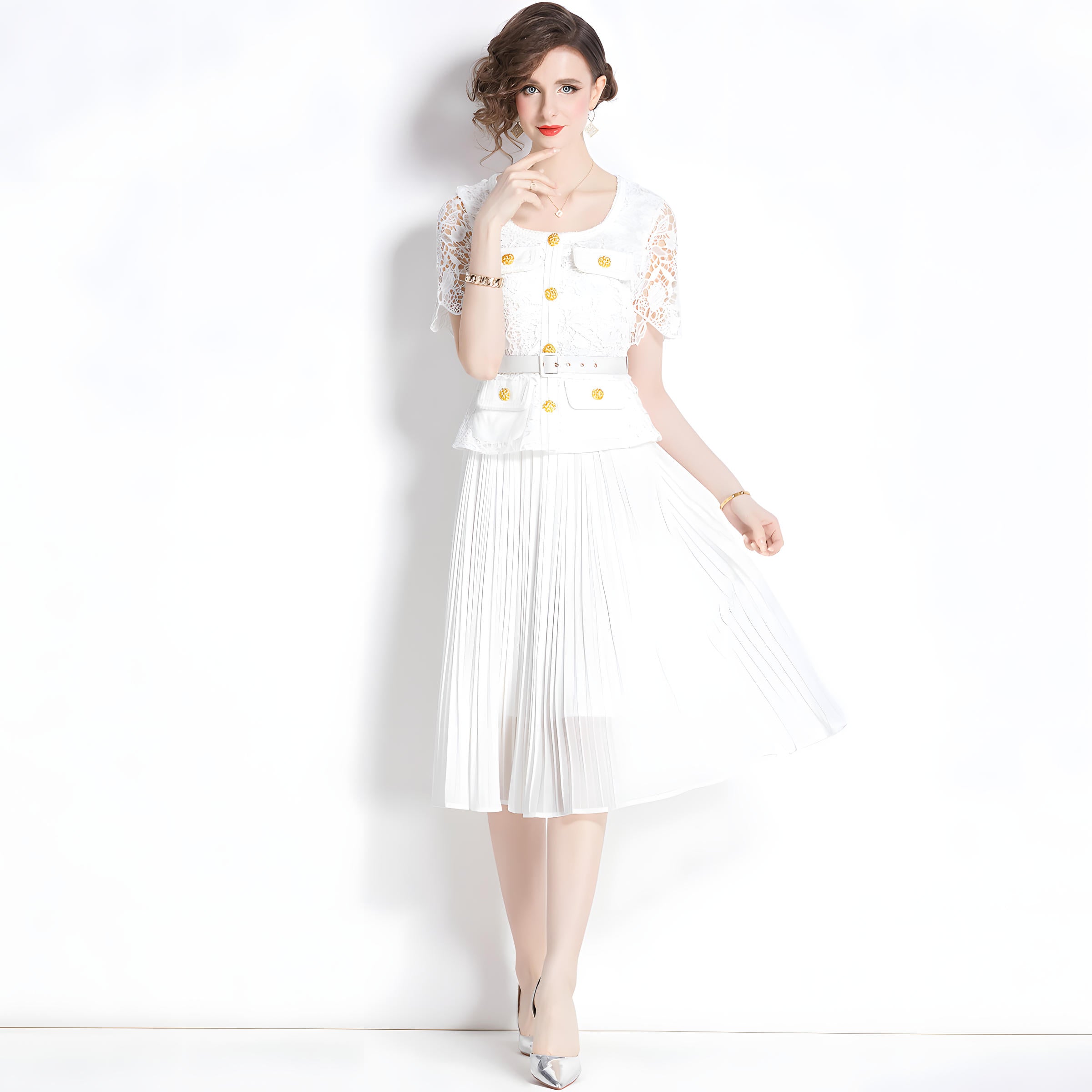 French Lace Jacket Top Pleated Skirt White Dress With Belt - 782041769039_BAS
