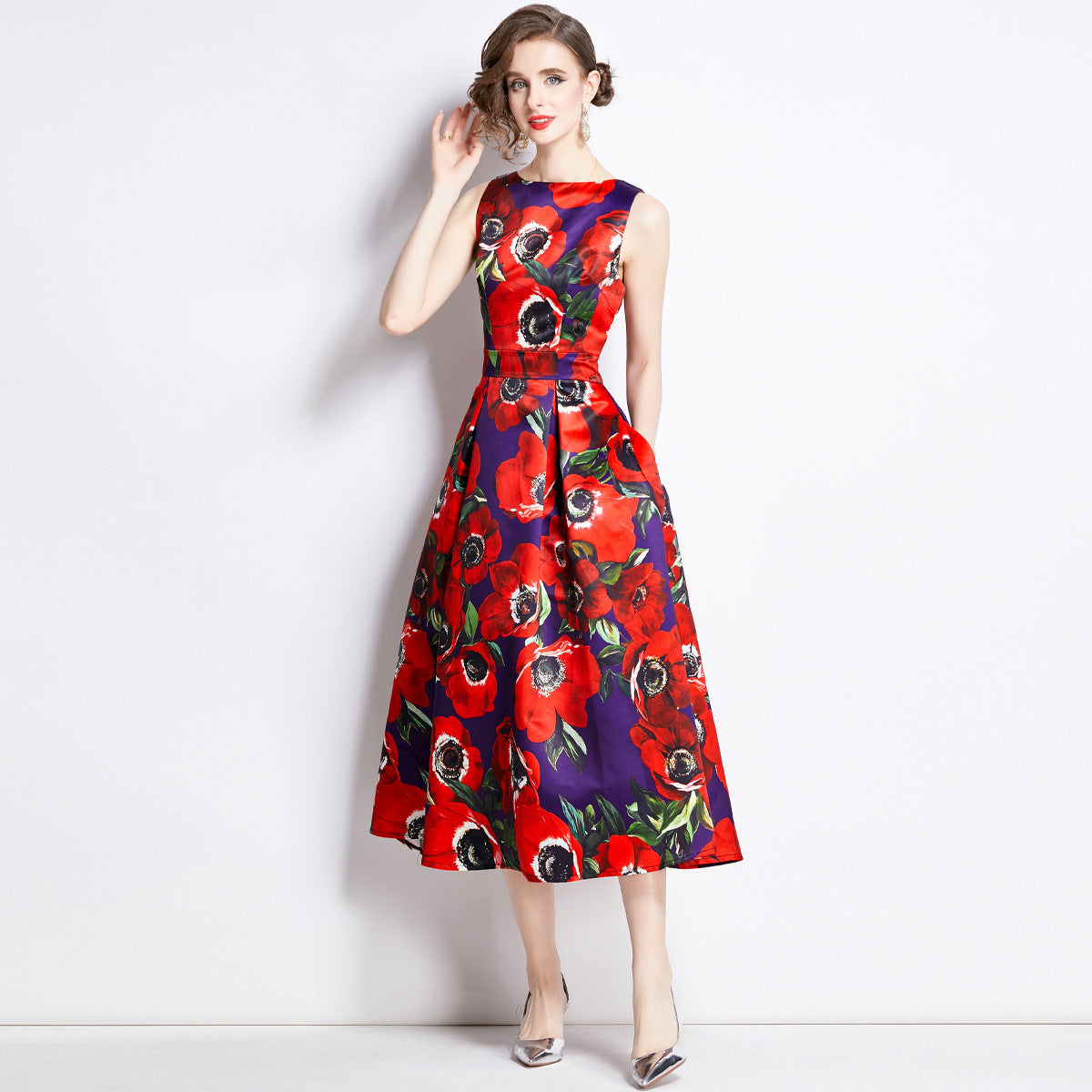 Sleeveless Boat Neck Fitted Vest Box Pleated Skirt Printed Satin Dress - 896#701