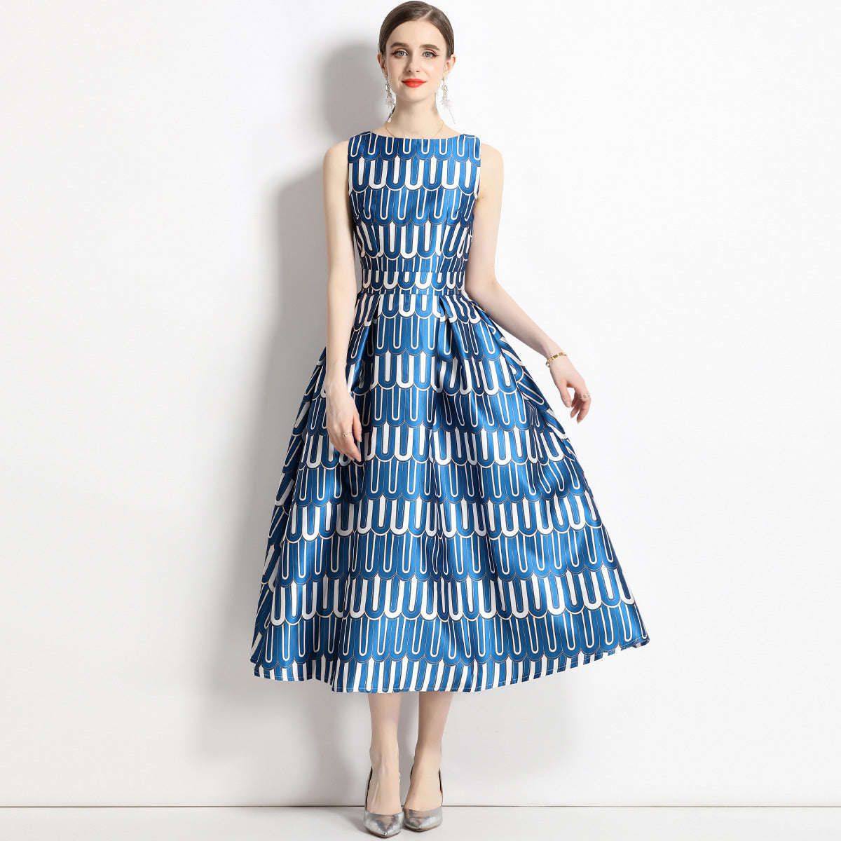 Sleeveless Boat Neck Fitted Vest Box Pleated Skirt Printed Satin Dress - 9015#701_BAS