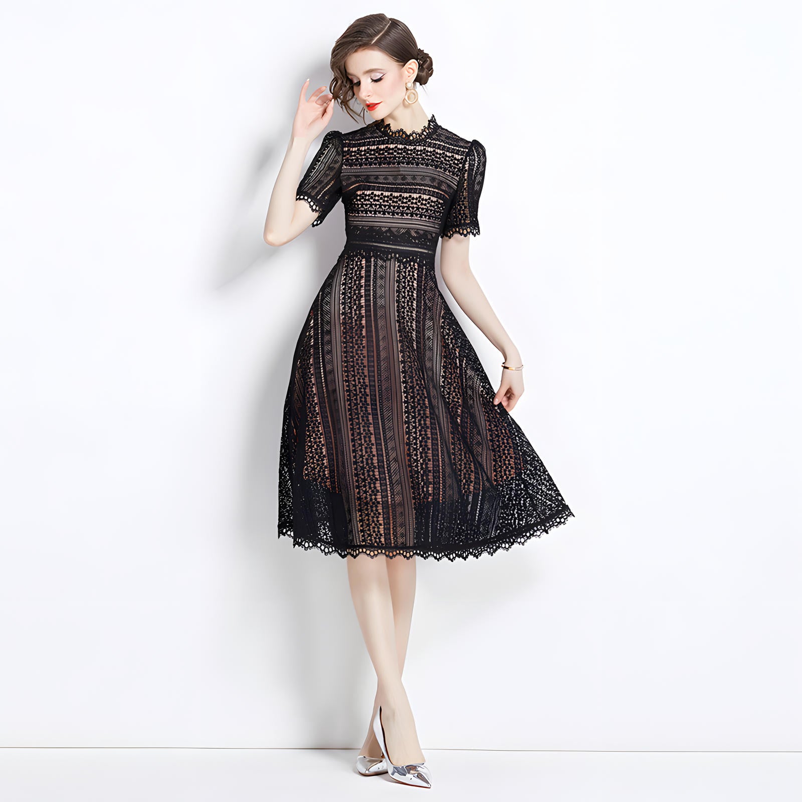 Luxury French Lace Jewel Neck Black Dress - 533#609_BLA