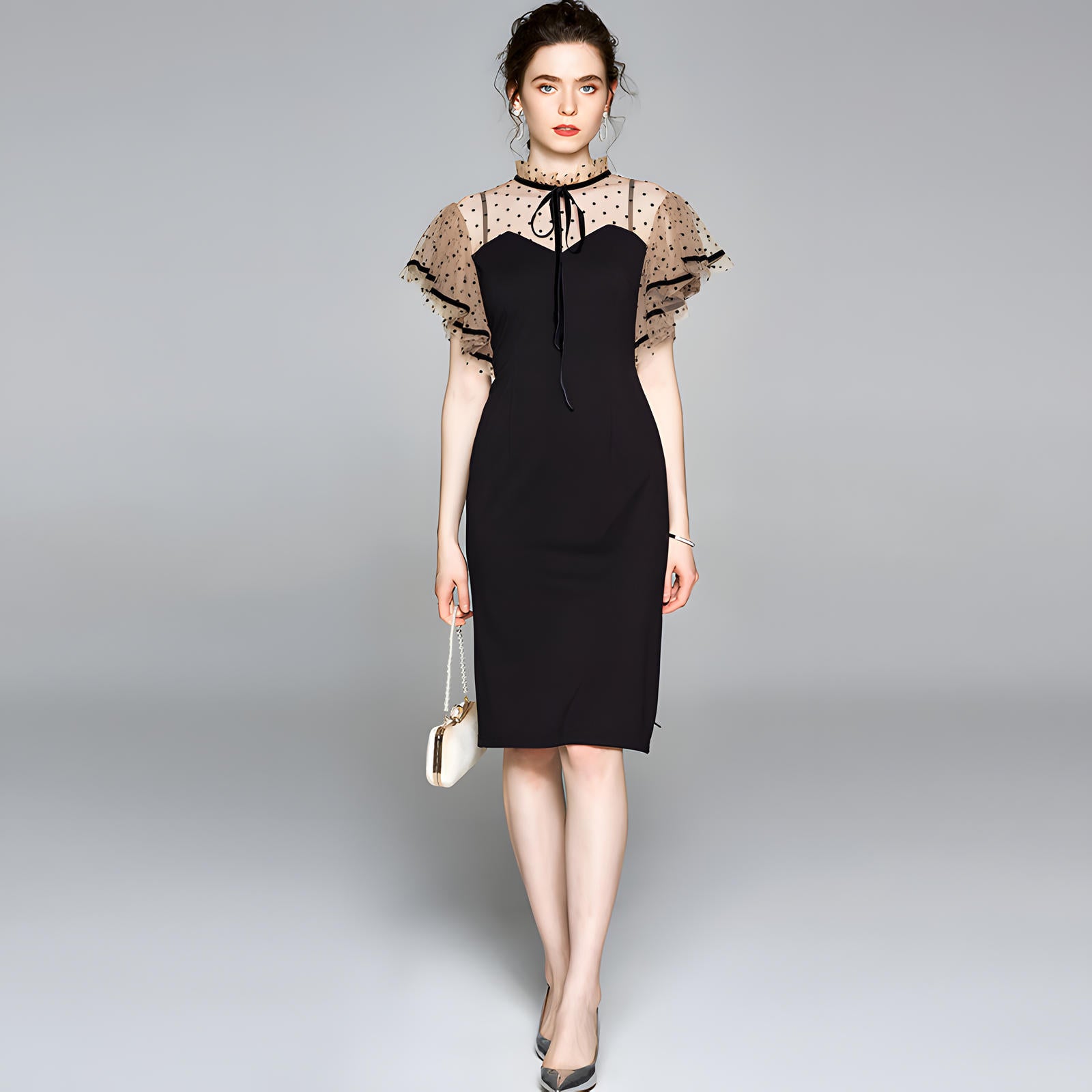 Butterfly Sleeve Satin Neck Bow Tie High Neck Polka Dot Mesh Black Sheath Dress - 618102369324_BAS