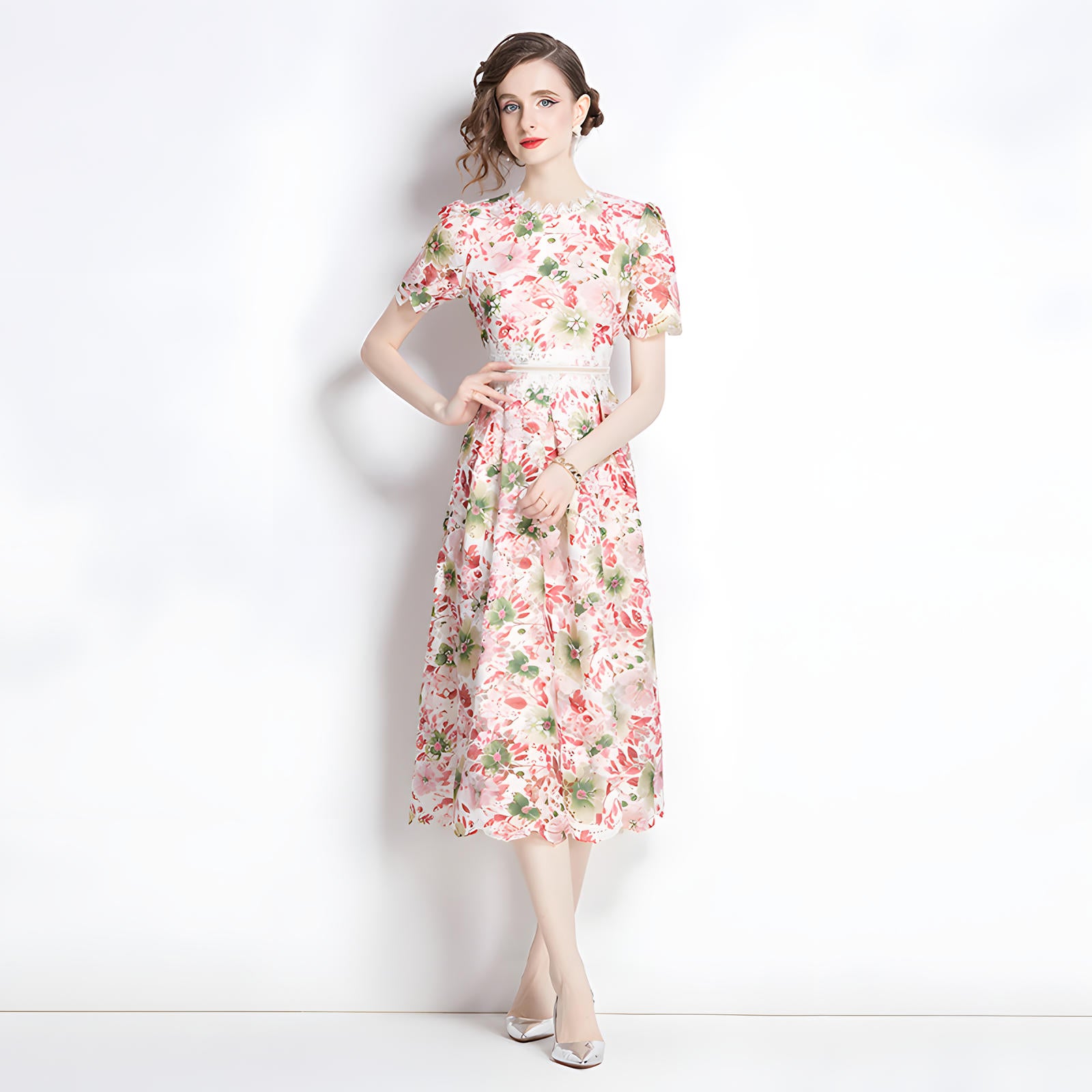 French Printed Flower Lace Jewel Neckline Retro Dress - 795256872065_BAS