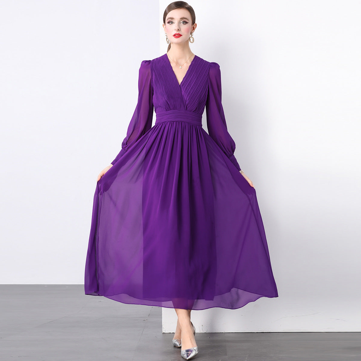 Lantern Sleeve Heat Set Pleated Bust Detailing V-Neck Chiffon Dress - 833281815952_PUR
