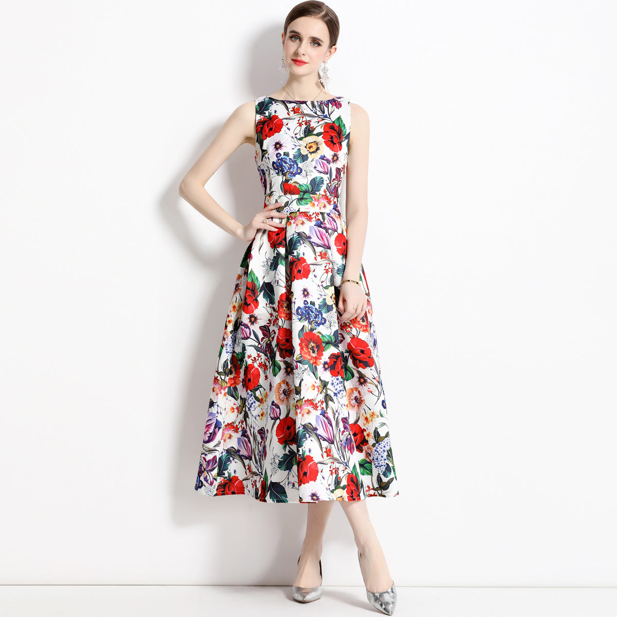 Sleeveless Boat Neck Fitted Vest Box Pleated Skirt Printed Satin Dress - 710550577474_BAS