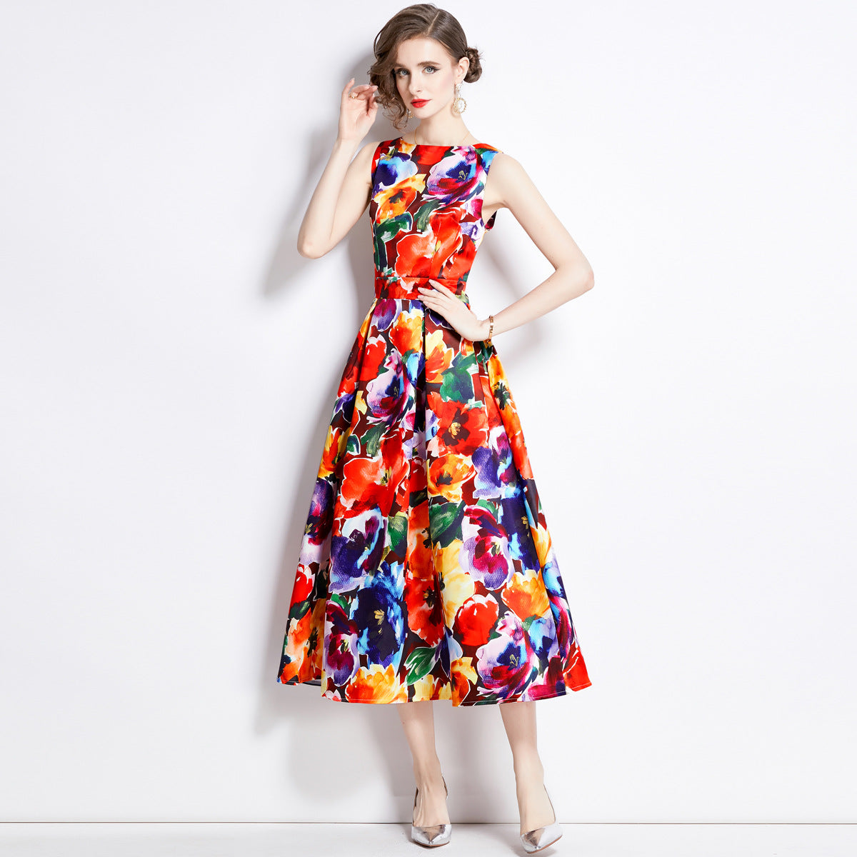 Sleeveless Boat Neck Fitted Vest Box Pleated Skirt Printed Satin Dress - 892#701