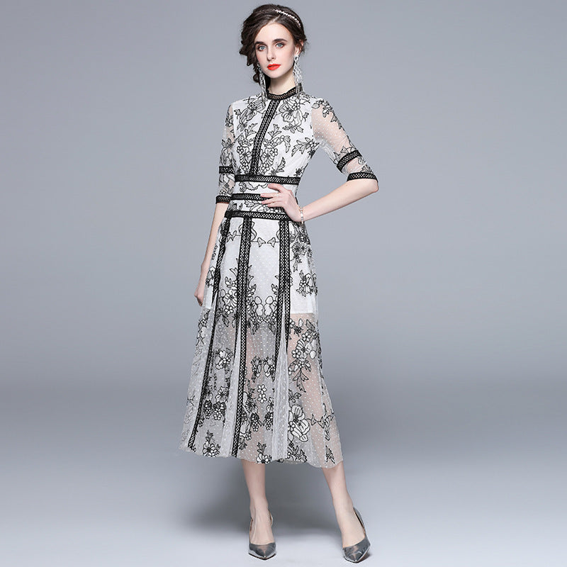 Embroidered Polka Dot Mesh and Lace White Black Dress  - 833884552896_BAS