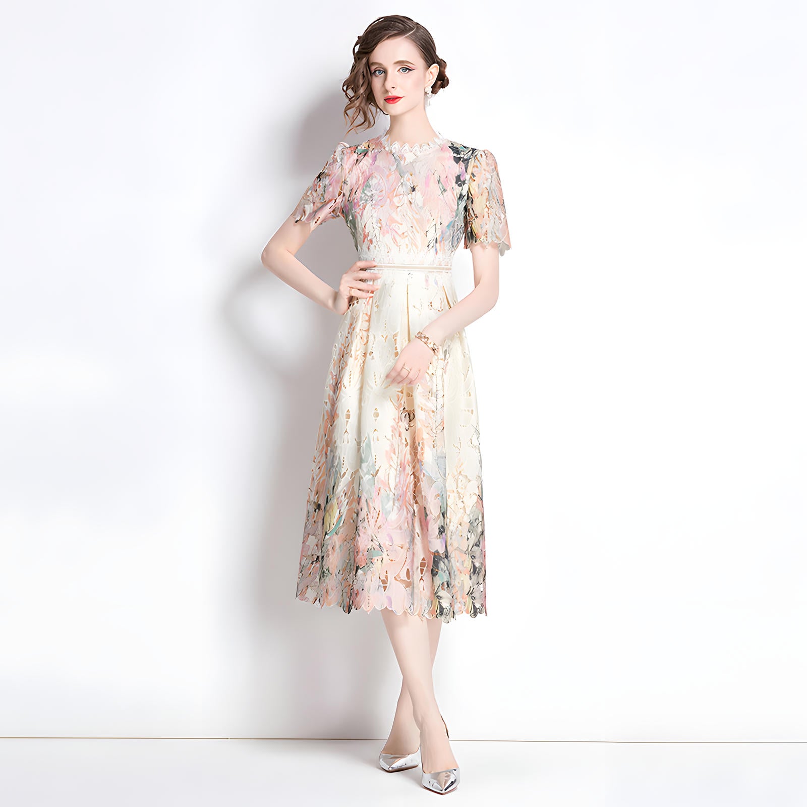 French Printed Flower Lace Jewel Neckline Retro Dress - 795247212577_BAS