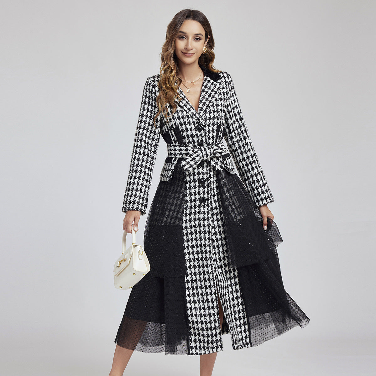 Houndstooth Noir Sequin Coat-Dress - 849998226262_BLACK
