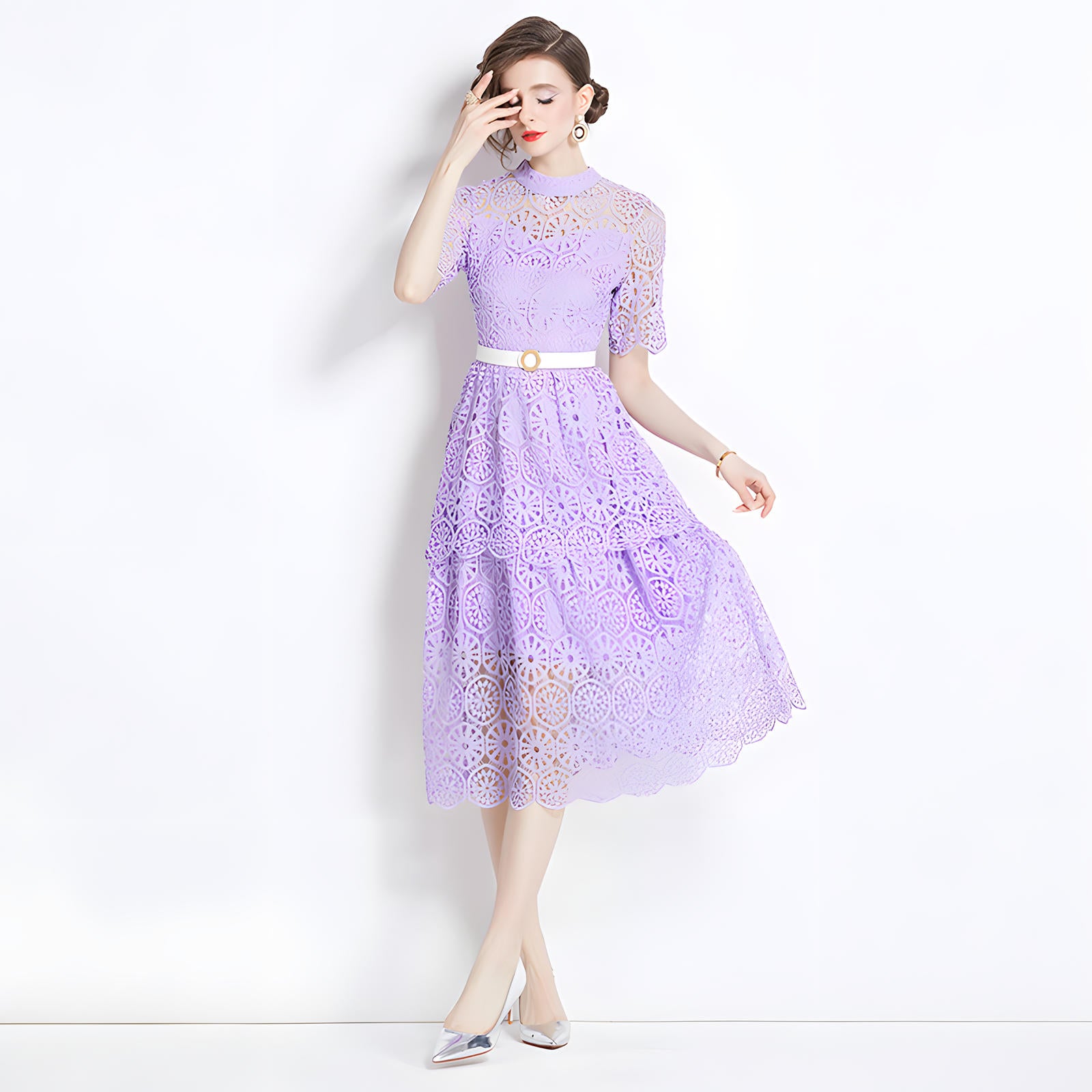 Luxury Multilayer French Lace High Neck Lavender Dress With Belt - 510#609_PUR