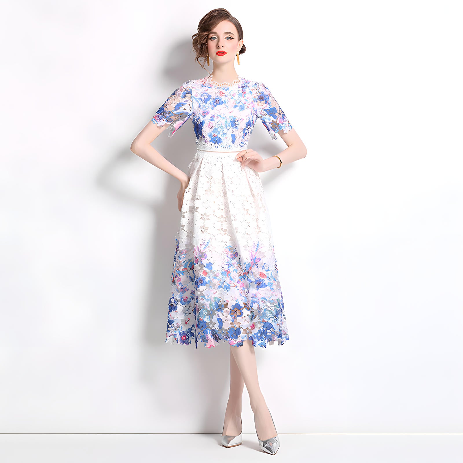 Printed Flower French Lace Jewel Neckline Dress - 802259454622_BAS