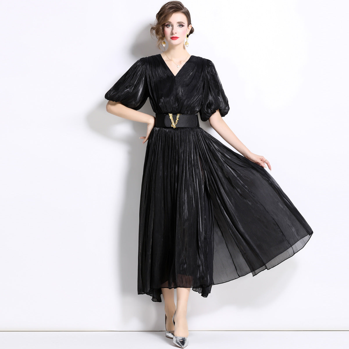 Glossy Pearlescent Chiffon Satin Fabric Lantern Sleeve Black Dress with Belt - 826775506420_BAS (EOSS)