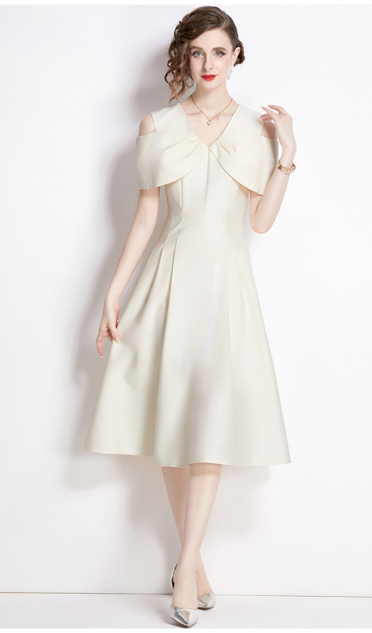 Off Shoulder V - Neck Fitted Vest Tucked Pleats Skirt Apricot Solid Satin Dress - NRJ-701A#1645_4