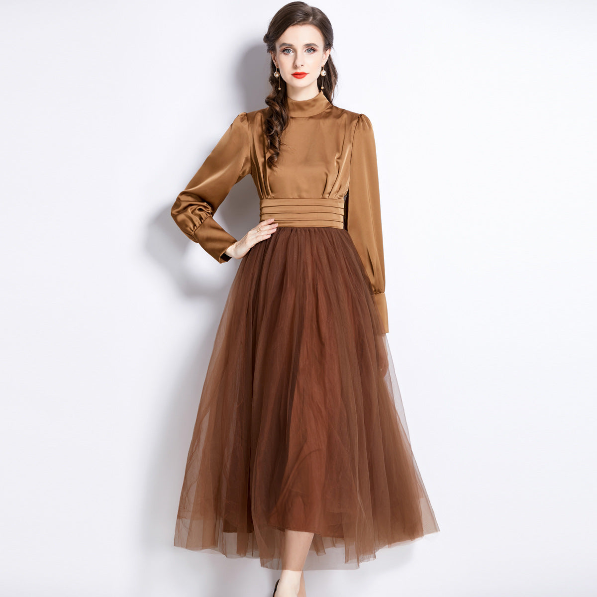 Stand Collar Pleated Vest Satin Blouse Mesh Skirt One Piece Russet Color Dress - 742117387610_BAS