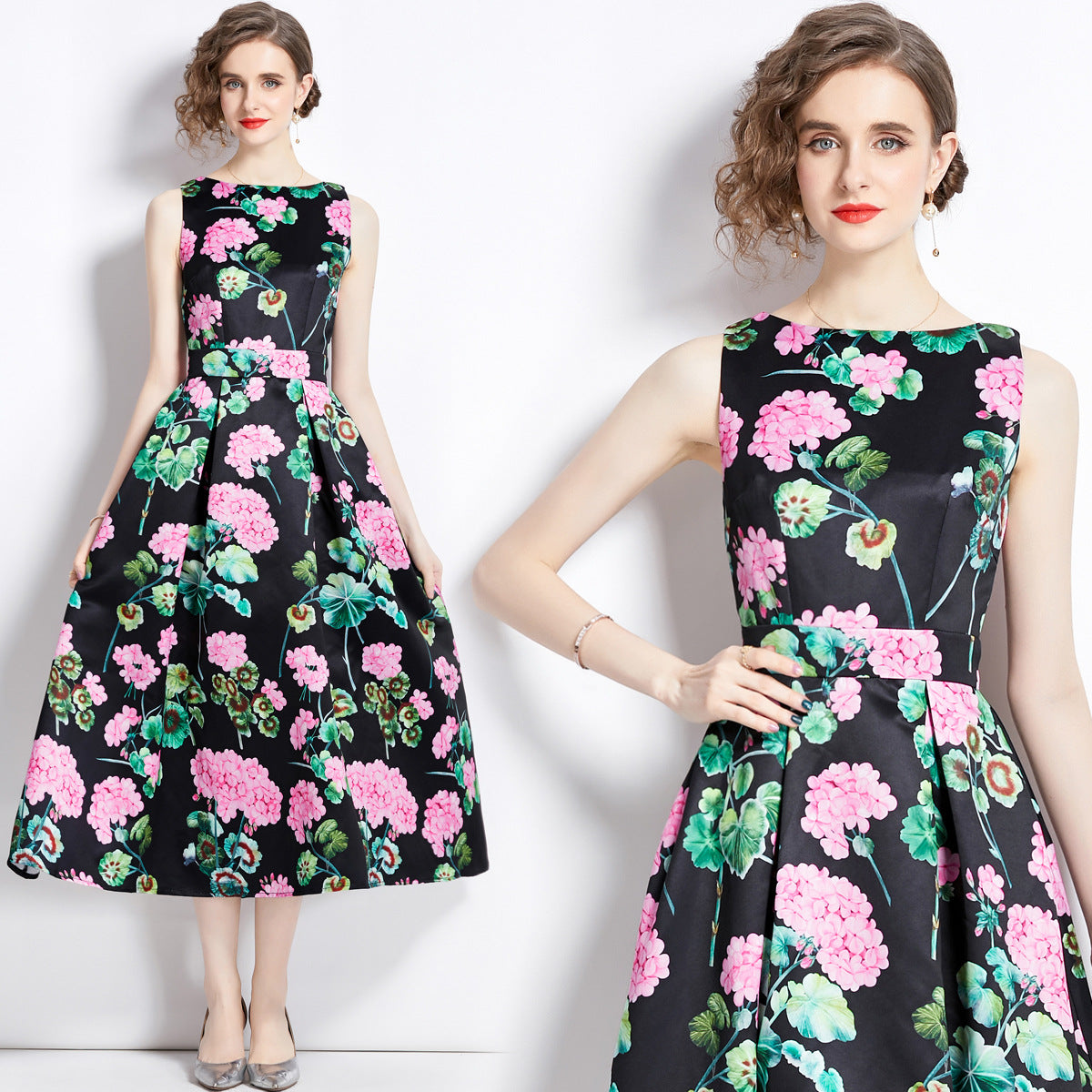 Sleeveless Boat Neck Fitted Vest Box Pleated Skirt Printed Satin Dress - 9055#701_BAS