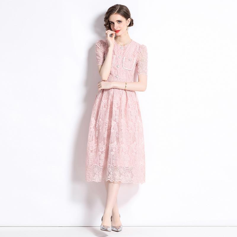 Embroidered French Lace Single Breasted Blouse and Skirt Two Piece Set - 8562#607_PINK (EOSS)