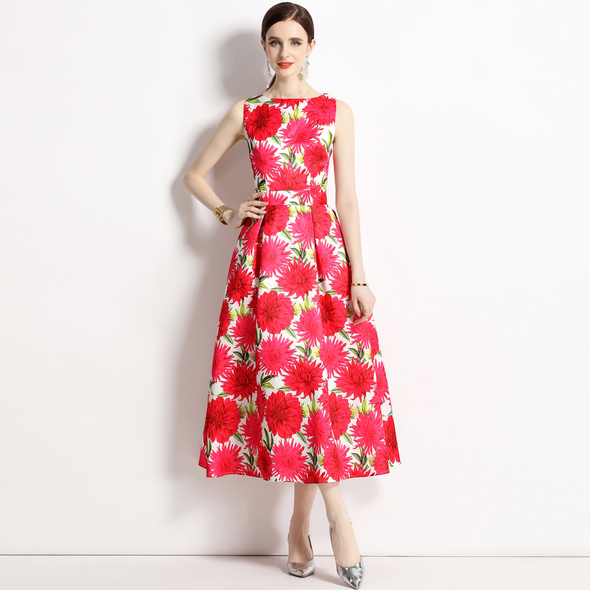 Sleeveless Boat Neck Fitted Vest Box Pleated Skirt Printed Satin Dress - 9006#701_BAS