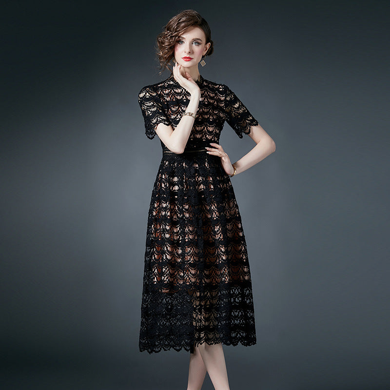 French Crocheted Lace Round Neck A - Line Black Dress - 780697439219