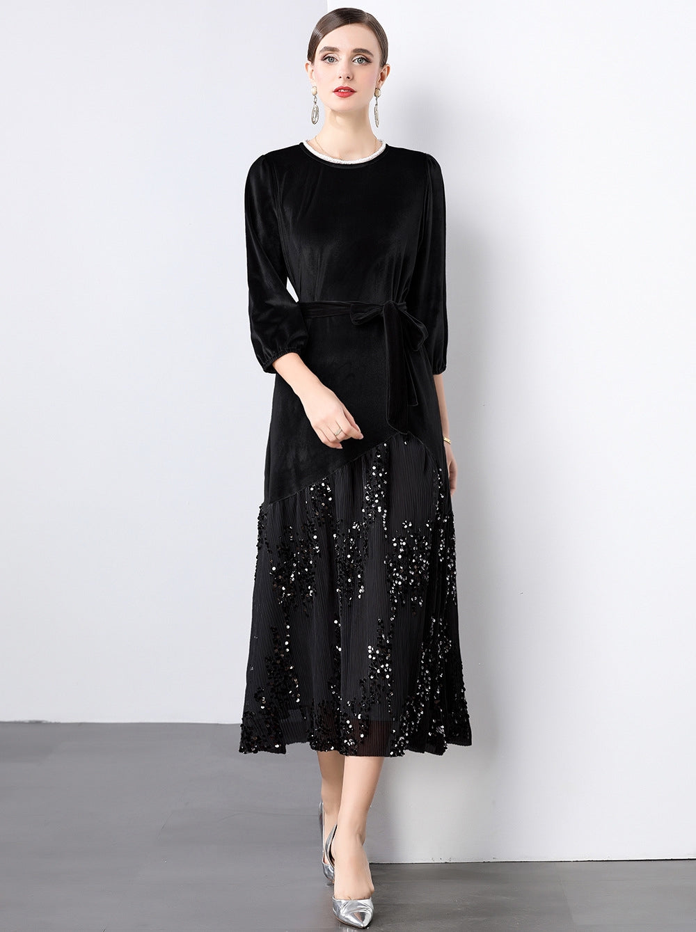 Velvet Mesh and Sequin Embellished Dress - 855932949530_BLACK