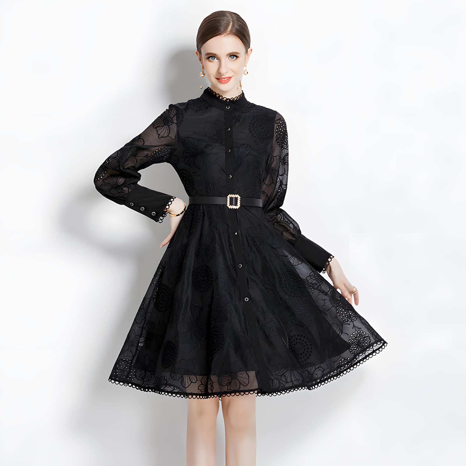 Luxury French Lace High Neck Retro Short Dress - 734462185250