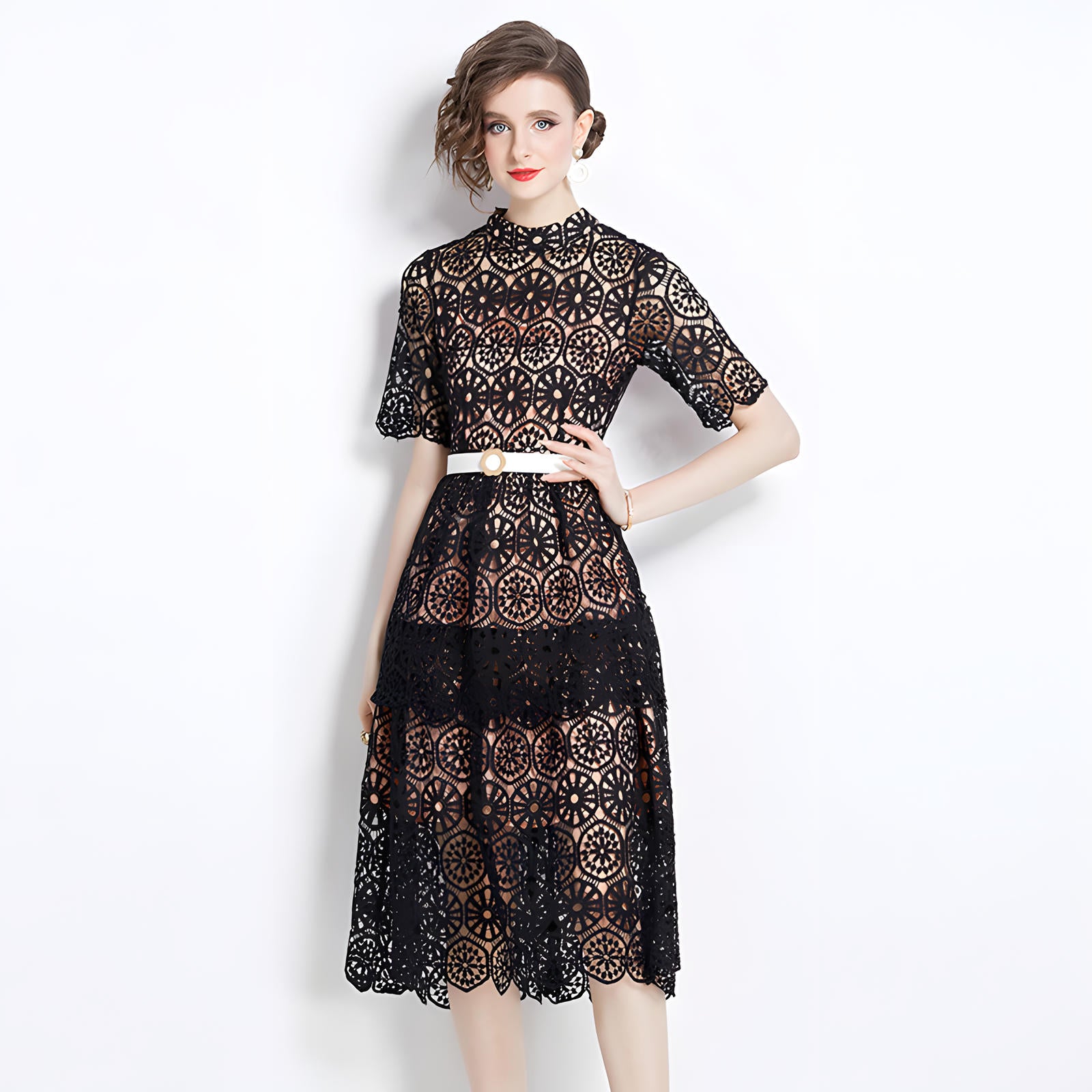Luxury Multilayer French Lace High Neck Black Dress With Belt - 510#609_BLA