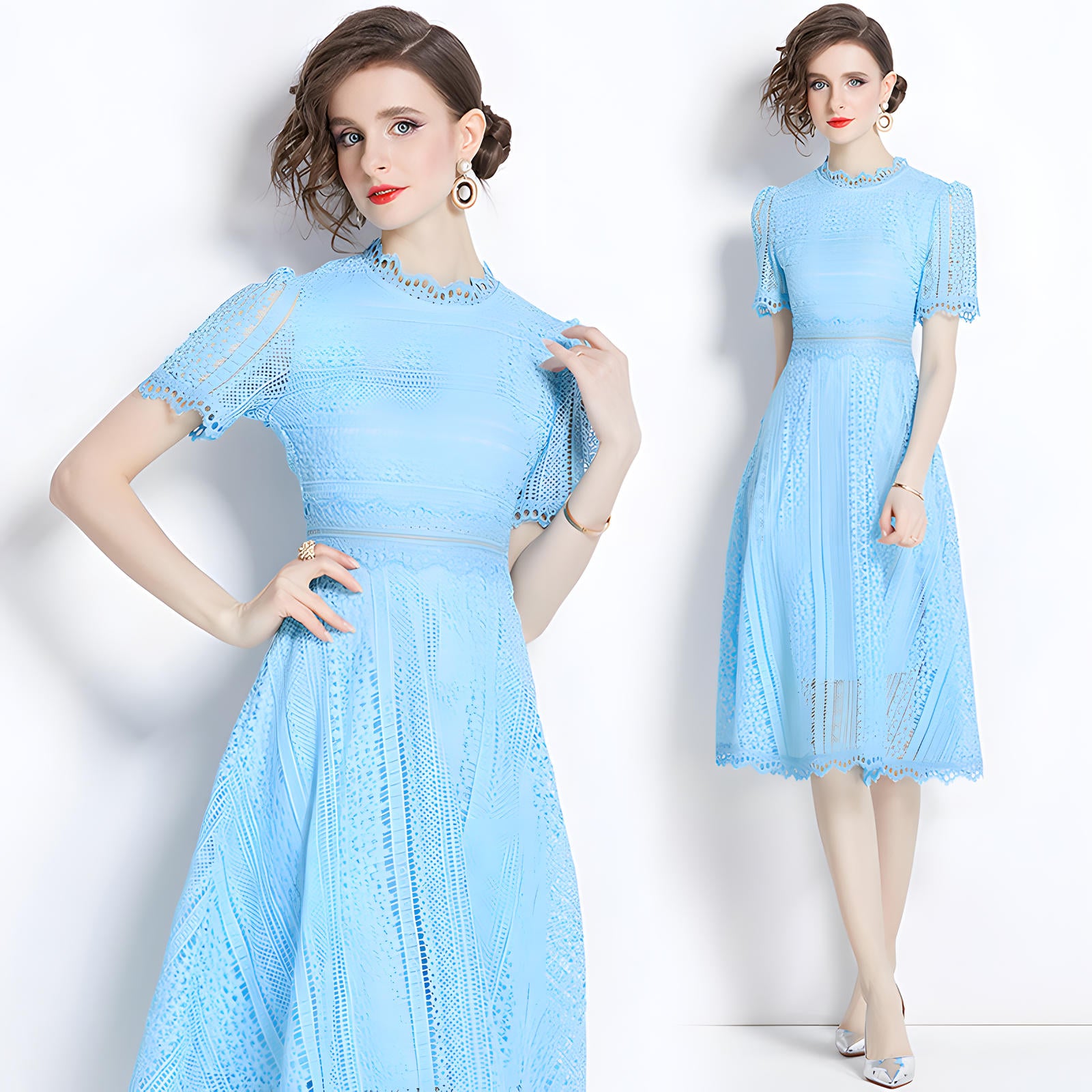Luxury French Lace Jewel Neckline Lake Blue Dress - 533#609_LAK